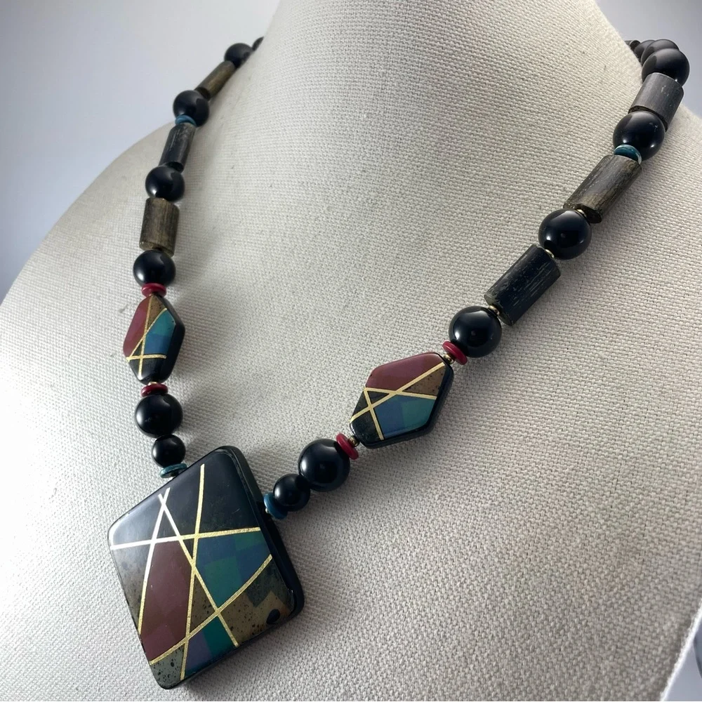 Vintage Japan Gold Tone Ceramic Black Gold Beaded Statement Necklace